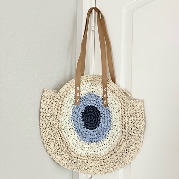 Tan Basket Straw Top Handle Bag Beach Vacation Shoulder Tote Pur… - Picture 7 of 10